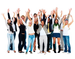 Group of young happy people waving their arms,copyspace